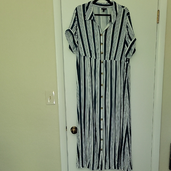 Torrid Blue and White Striped Maxi Rayon Slub Button Front Godet A-line Dress - Picture 2 of 11